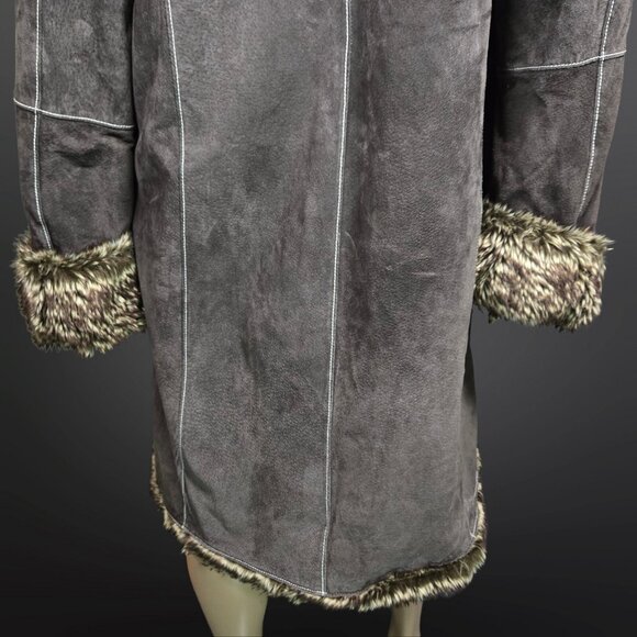 Y2K Penny Lane Coat Size XL Boho Brown Suede Leather Faux Fur Trim Long - Picture 10 of 15